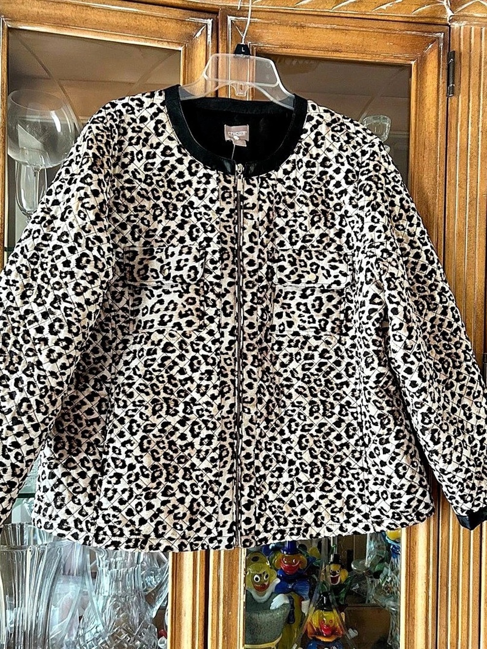 chico's Leopard Print Quilted Faux Leather Trim Jacket Brown & Black Size 3